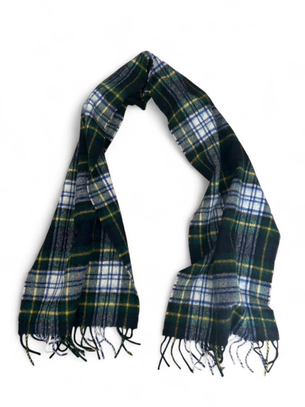 Vintage Glen Lossie Green, Blue and White Tartan Plaid Scarf. 100% Lambswool.